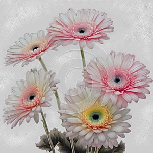 Close-up corollas of light pink gerberas, on their green stems, in a variegated watercolor color, on a light pink background