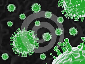 Close up Coronavirus 2019-nCov concept. A group of Green bacterial intruder cells causing sickness and disease to the human body.