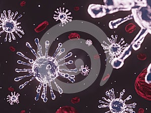 Close-up Coronavirus 2019-nCov novel coronavirus concept. Microscope bloodcell and virus. 3d rendering