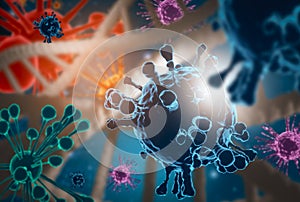 Close up coronavirus or covid 19,DNA structure molecule chain in microscope view,concept outbreak and pandemic of virus,3D