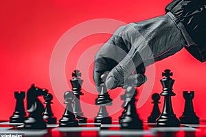 Close up of corporate strategist strategically placing chess pieces for business planning photo