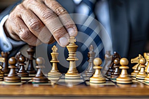 Close up of corporate strategist strategically placing chess pieces for business planning photo