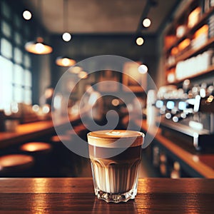Close-up of cortado in a glass cup, soft-focus cafe setting. AI generated. photo