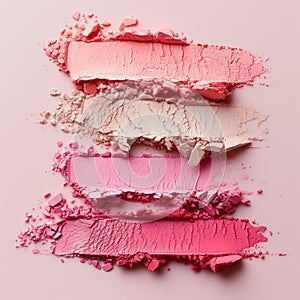 Close-up of cosmetic palette of colorful eyeshadows and blush. Beauty products. Top view, flat lay. Creative beauty and