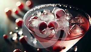 Close-up of a Cosmopolitan, focus on the icy surface and floating cranberries, soft ambient lighting.. AI generated.