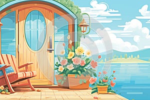 close up of cottage door with lake and dock in backdrop, magazine style illustration