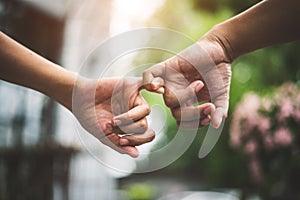 Close up couple holding pinkies fingers  in park in autumn as swear and promise gesture in wedding ceremony. Hands holding of love