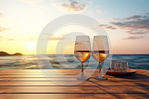 Close up of couple wine champagne glasses and bottle for celebration on wooden table with sea view and sunset sky background,