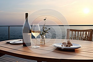 Close up of couple wine champagne glasses and bottle for celebration on wooden table with sea view and sunset sky background,