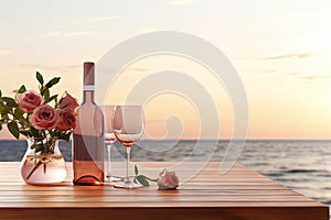 Close up of couple wine champagne glasses and bottle for celebration on wooden table with sea view and sunset sky background,