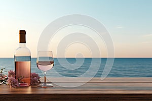 Close up of couple wine champagne glasses and bottle for celebration on wooden table with sea view and sunset sky background,