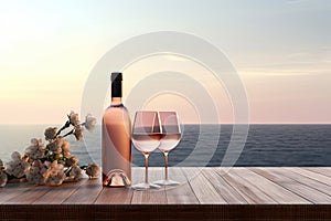 Close up of couple wine champagne glasses and bottle for celebration on wooden table with sea view and sunset sky background,