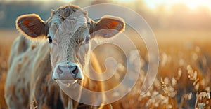 Close Up of a Cow Grazing in a Grass Field