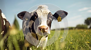 Close-up of a cow muzzle. Green meadow on blurred background