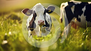 Close-up of a cow muzzle. Green meadow on blurred background