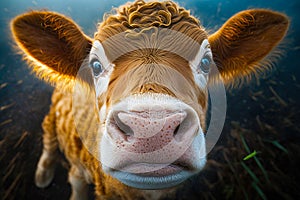 Close up of cow's face with blurry background. Generative AI