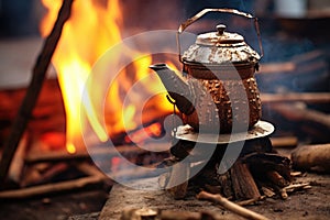 close-up of cowboy coffee pot on open campfire