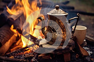 close-up of cowboy coffee pot on open campfire