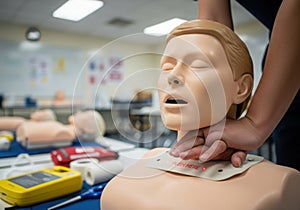 Cpr training dummy with instructor demonstrating chest compressions