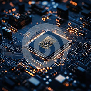 Close-up of CPU on circuit board with glowing lights, tech background
