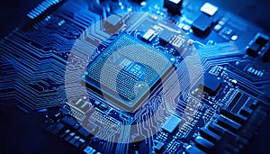 Close up of cpu microchip on motherboard, illuminating the core of computing. AI Generated