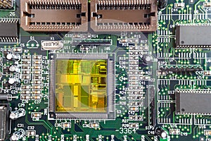 Close-up on a CPU microchip on a scheme