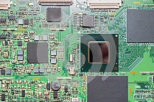 Close-up on a CPU microchip scheme