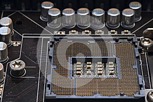 Close-Up of CPU Socket on a Modern Computer Motherboard. Electronic Small Component Details