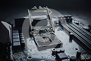 Close-Up of CPU Socket on a Modern Computer Motherboard. Electronic Small Component Details. PC repair or upgrade