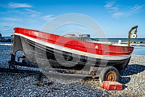 Close up of crab fishing boat moored on a shingle beach