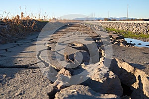 close-up of cracked concrete in a damaged levee