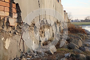 close-up of cracked levee wall and repair materials