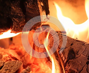 Close up on a crackling warm camp fire burning with red and orange flames