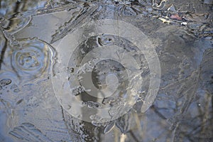 Close Up Crackly Thin Ice Over a Puddle