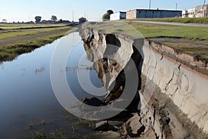 close-up of cracks in the levee structure, water seeping through