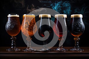 Close up of craft beer tasting flight at local brewery pint glasses in a row