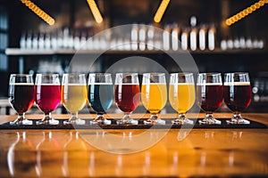 Close up of craft beer tasting flight at local brewery pint glasses in a row