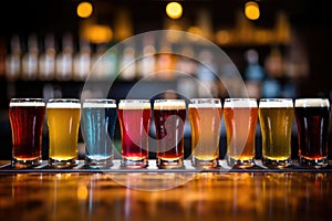 Close up of craft beer tasting flight at local brewery pint glasses in a row