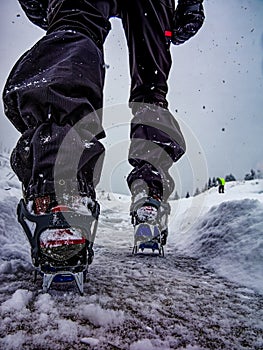 Close-up of crampons in a winter trekking