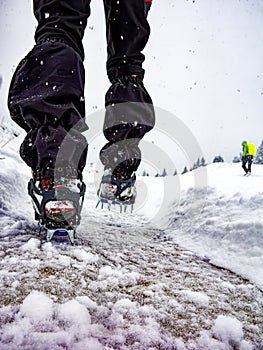 Close-up of crampons in a winter trekking