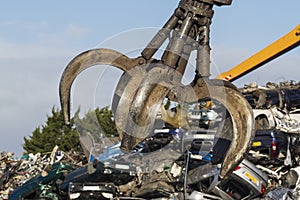 Close up of a Crane grab in a Scrapyard