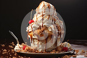 Close up of crazy giant ice cream in large plate with waffle cone, red fruits, caramel sause. Tasty delicious and high