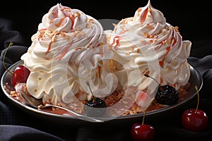 Close up of crazy giant ice cream in large plate with waffle cone, red fruits, caramel sause. Tasty delicious and high