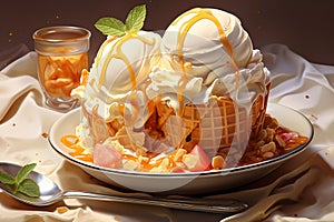 Close up of crazy giant ice cream in large plate with waffle cone, red fruits, caramel sause. Tasty delicious and high