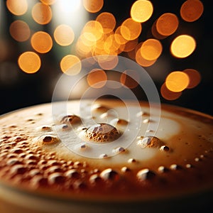 Close-up of a creamy macchiato, with bokeh lights of a cafe setting in the background.. AI generated. photo