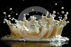 Creamy Milk Splash with Droplets Against a Black Background