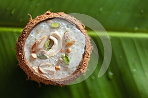 Close-up of Creamy Sabudana Kheer Garnished with dry fruits. Indian delicious dessert. Served in a coconut shell. on banana leafna