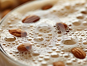 A close up of creamy white milk swirling in a glass, adorned with floating almonds creating a mesmerizing and delicious