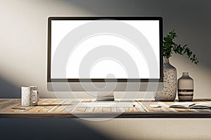 Close up of creative designer desk top with empty computer screen, coffee cup, supplies and other items on concrete wall