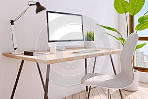 Close up of creative designer desktop with empty white mock up computer screen, in interior with panoramic city view, daylight,